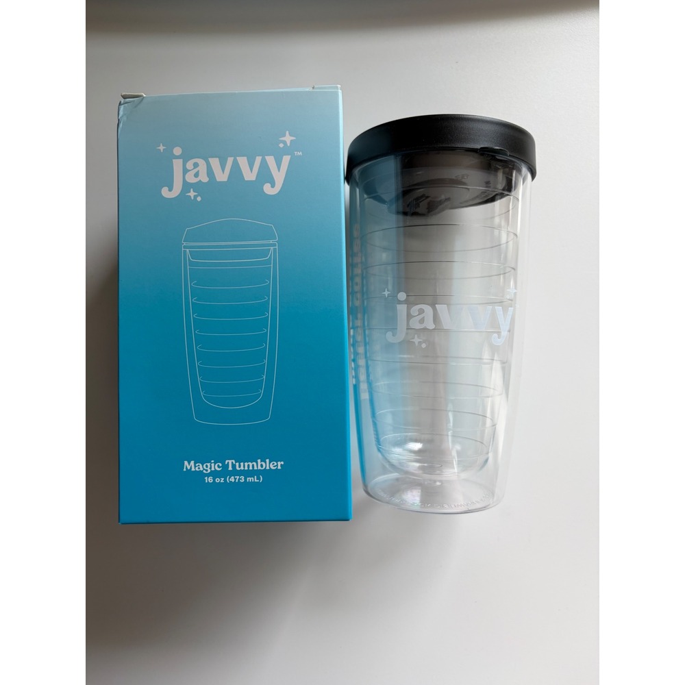 Javvy Magic Tumbler 16oz Clear Double Wall Insulated Travel Coffee Mug Black Lid